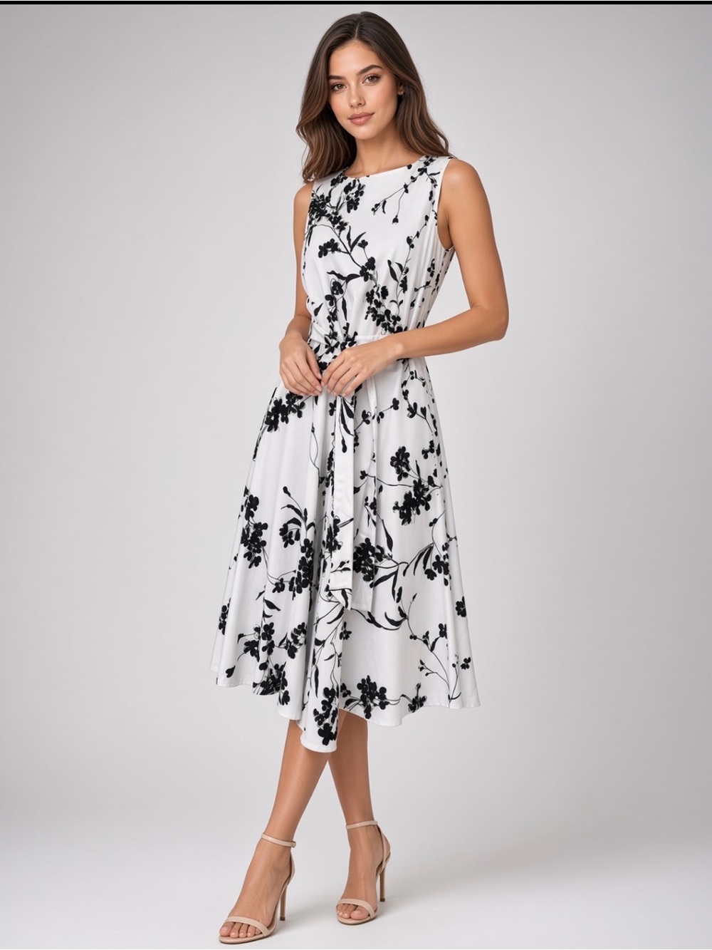 Sleeveless White Midi Dress with Black Floral Print and Tie Waist